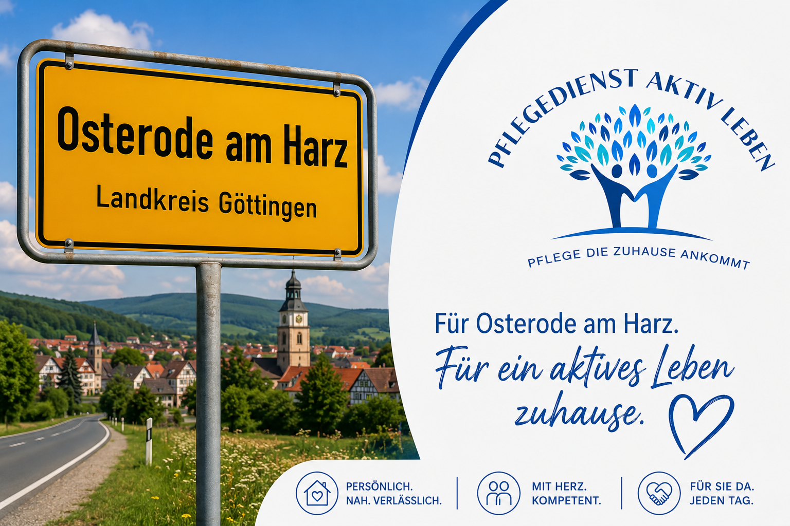 Ortsschild von Osterode am Harz mit Logo des Pflegedienstes.